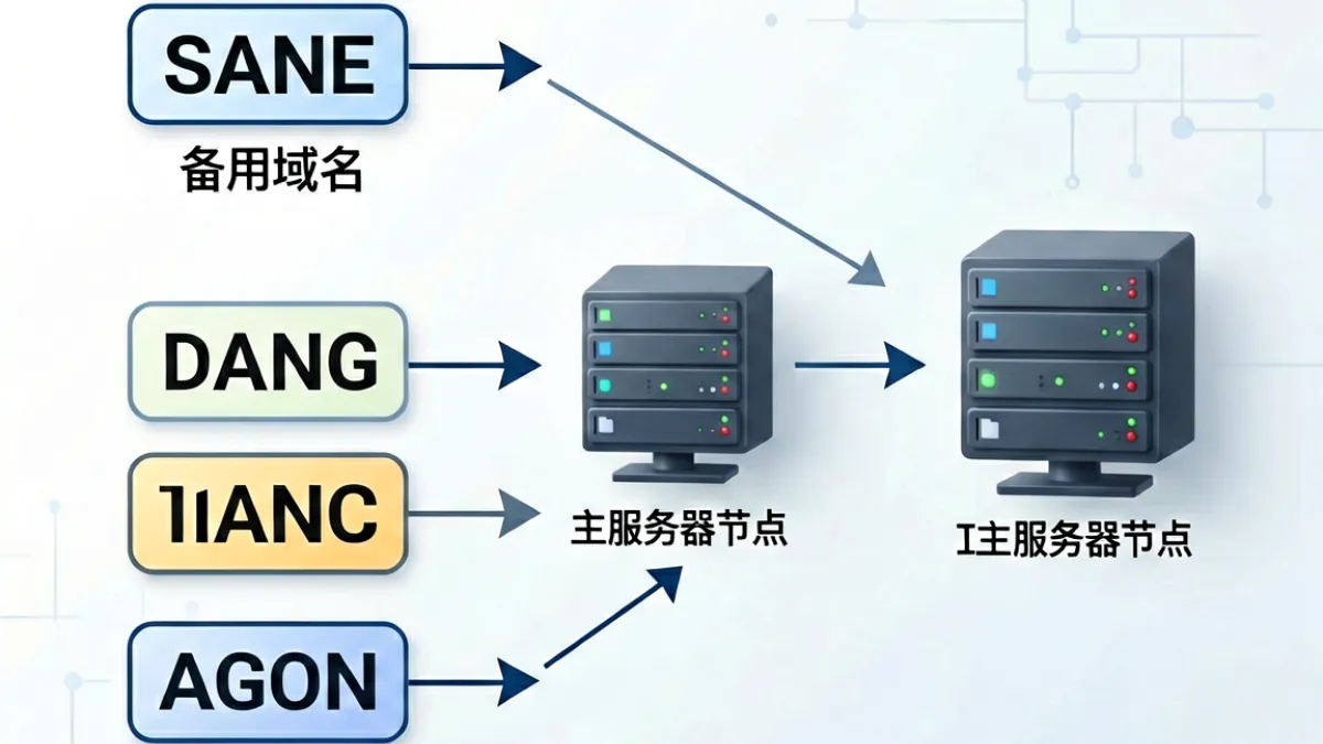 示意图：多个备用域名指向同一服务器，说明88dy域名切换的技术原理
